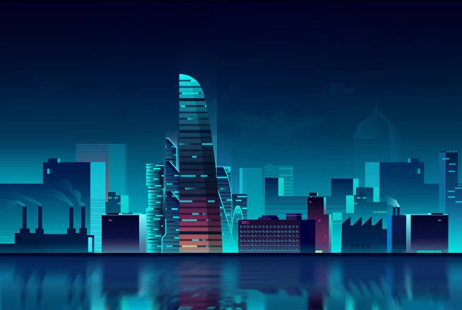 未来科技科幻霓虹灯渐变绚丽城市建筑夜景灯光插画AI/PSD设计素材100套【030】